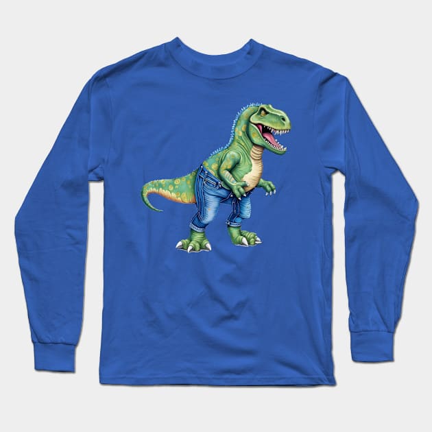 Dinosaur Wearing Denim Jeans Long Sleeve T-Shirt by taiche